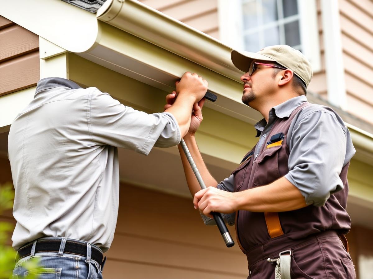 Contractor examining a residential gutter along a home's roofline
