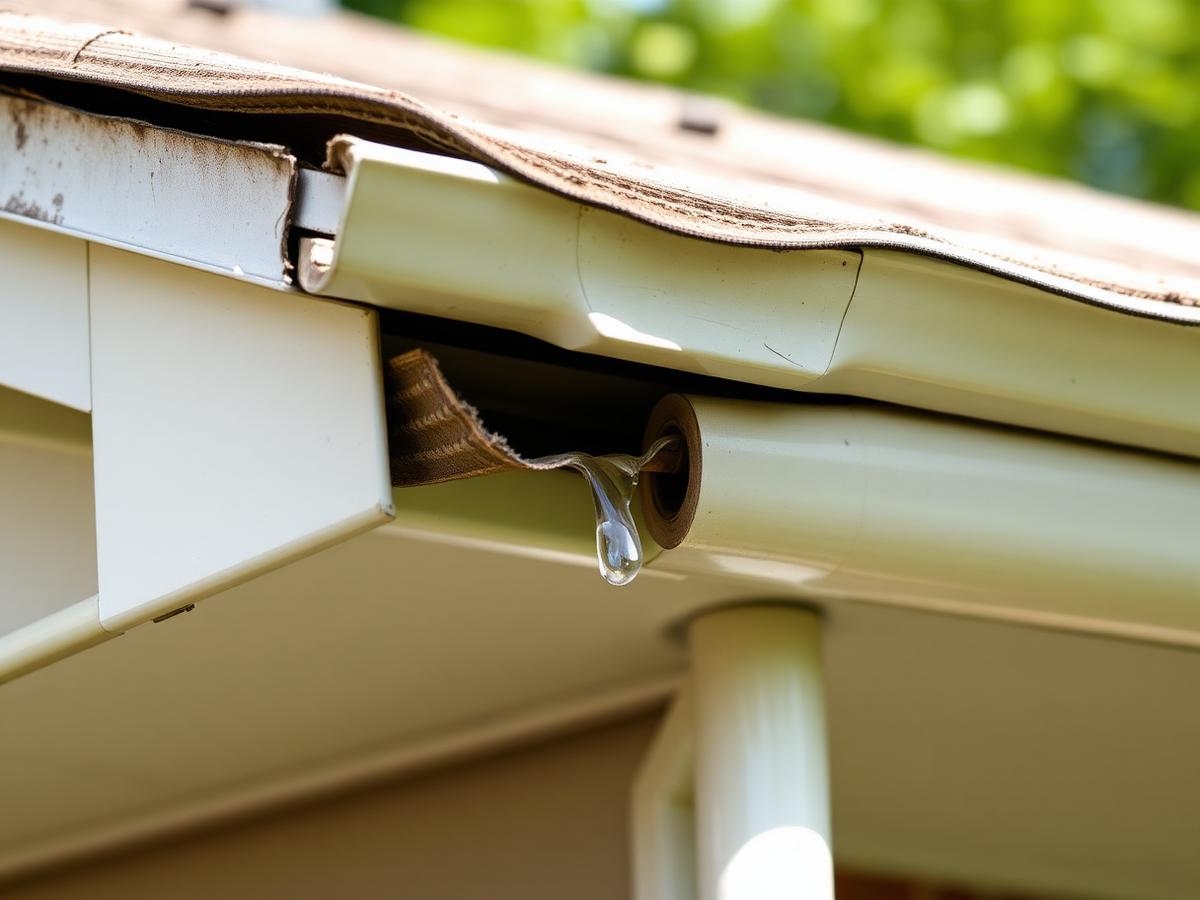 Close-up of a damaged residential gutter pulling away from a home's roofline