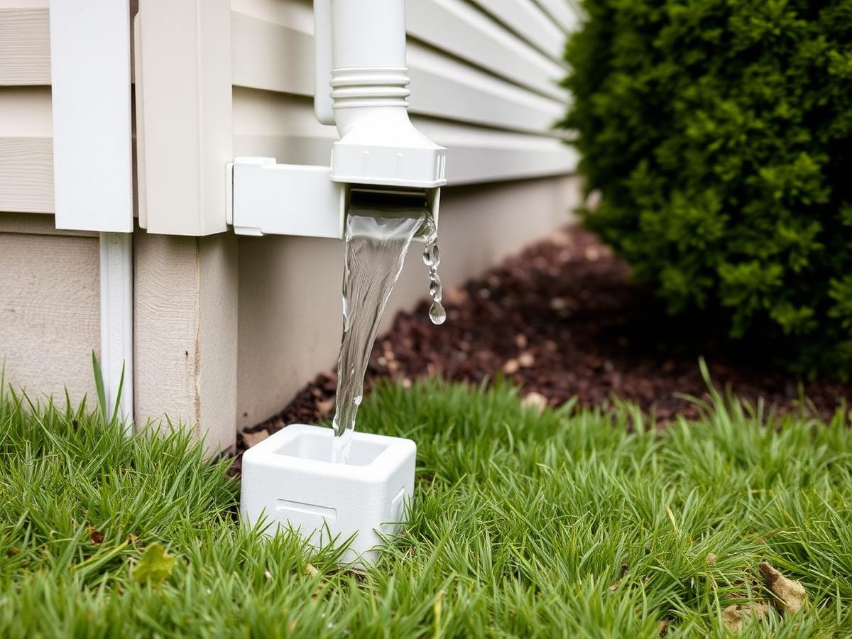 Residential downspout discharging water onto a splash block beside a home