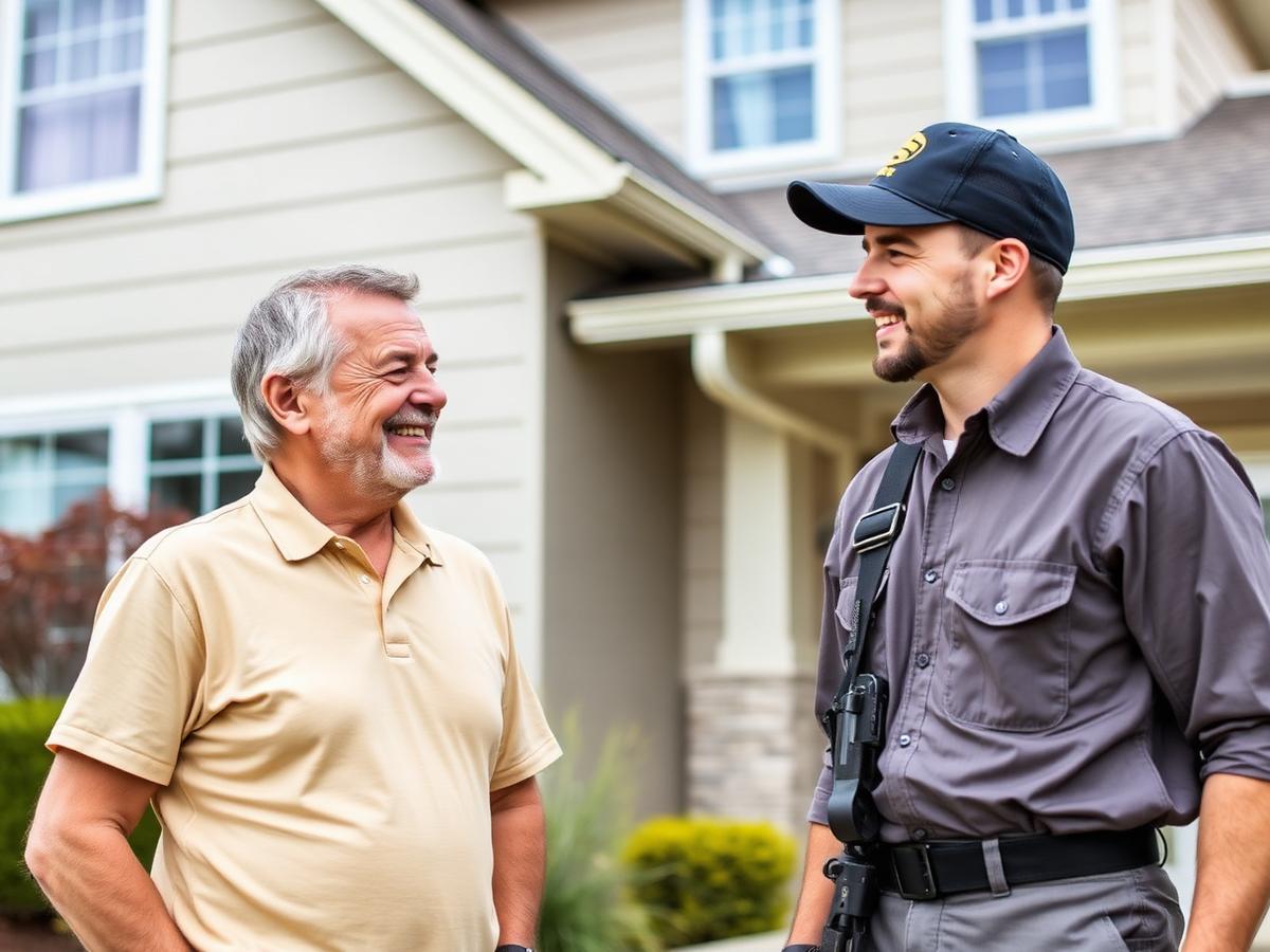 Homeowner speaking with a service provider outside a residential home
